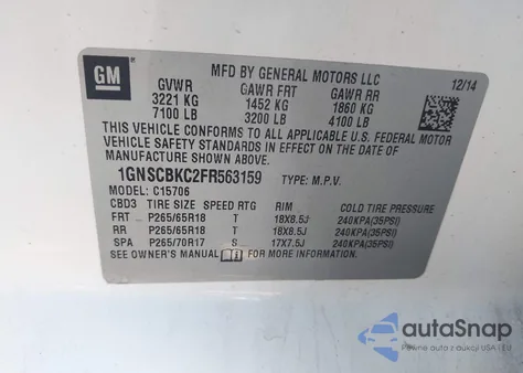 2015 Chevrolet Tahoe Lt from USA, damaged, VIN 1GNSCBKC2FR563159